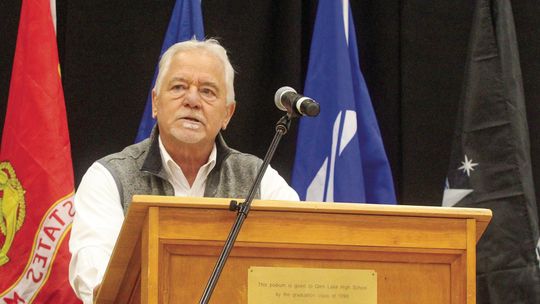 Air force veteran Ed Peplinski speaks during a Veterans Day assembly at Glen Lake Tuesday
