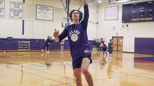 Leland junior Ravello Smith practice driving to the hoop Monday befor the regular season basketball schedule starts Wednesday, Dec. 4 at 7 p.m. against Grand Traverse Academy. Enterprise photo by Brian Freiberger