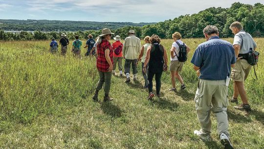 A group of hikers walk through a grassy field in the Clay Cliffs Natural Area near Leland. Clay Cliffs is one of the Leelanau Conservancy’s “must-see” trails, according to conservancy Communications Specialist Brighid Driscoll. Courtesy photo.
