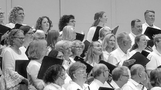 Omena residents Kanda McKee and Cathy Stephenson were among 104 vocalists who attended Interlochen’s Adult Choir Camp last week. Kanda is fourth from left in the second row up in this picture. Pictures courtesy of Kim Armbruster