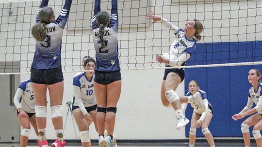 Lake Leelanau St. Mary senior Cathryn Mikowski earns a kill against Brethren during a three set sweep on Tuesday. Enterprise photo by Brian Freiberger