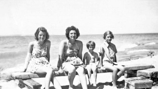 Kathy, Evelyn, Mary, &amp; Judy Watkins on the beach below their cottage, 1944. Preserve Historic Sleeping Bear Online Archive