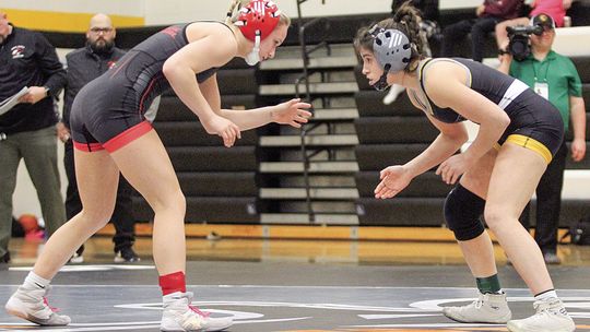 Glen Lake wrestler Emily Alaimo battled against Benzie Central junior Ava Iverson last Thursday. Enterprise photos by Brian Freiberger