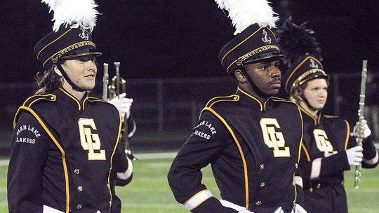 Glen Lake drum majors Skylar Jackson and Trecyn Arnold led the charge for the Laker Marching Band during a remarkable performance Friday night. Enterprise photo by Brian Freiberger