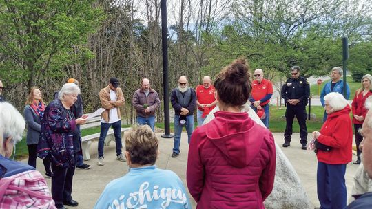 Reverand Lucy Schaub of Leelanau Community Church in Lake Leelanau organized an event observing the National Day of Prayer at the Leelanau County Government Center in Suttons Bay, which was attended by members of several local congregations May 2. Enterprise photo by Zachary Marano