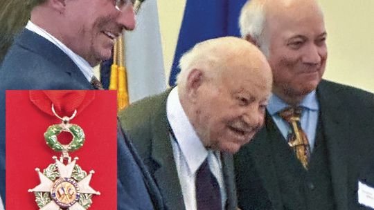 Dick Grout, center, was awarded France’s highest distinction Tuesday — the French Legion of Honor. The 103-year-old Grout fought on the shores of Normandy on D-Day. The medal is shown left. Enterprise photos by Amy Hubbell
