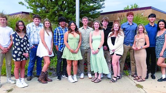 The 2024 Suttons Bay homecoming court includes, from left, freshmen representatives Elijah Kiessel and Elise O’Dwyer; sophomore reps Austin Wade-VanPelt and Anna Porter; juniors Juan Garcia and Yasmin Alfonseca; and senior representatives Jackson Loucks, Mya Kohler, Graham Martin, Isabelle...