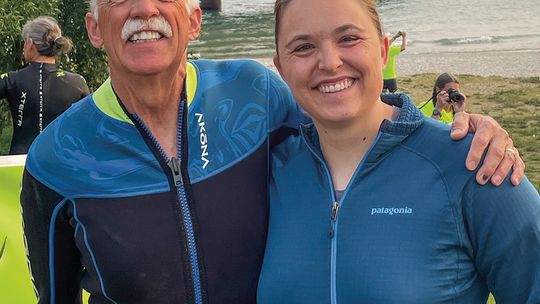Lee Jameson conquered the Mackinac Bridge swim earlier this summer during a fundraiser. Jameson, 70, shown here with daughter Emily, retired from the Sleeping Bear Dunes National Lakeshore a few years ago. Courtesy photo