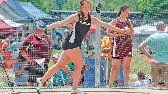 Glen Lake senior Eleanor Valkner throw discus during the 2023 state championships in Grand Rapids last season. Enterprise photo by Brian Freiberger