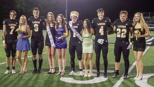 Glen Lake’s Homecoming court were presented during halftime of Friday’s football game. From left to right: Glen Lake seniors Boden Fisher, Maggie Diotte, Benji Allen, Jessie Pugh (queen), Hailey Anderson, Wade Daniels (king), Emily Alaimo, Isaac Hlavka, and junior representatives Jacob Pep...