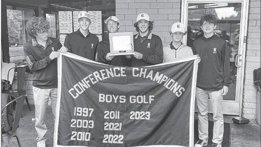 Glen Lake golf captured a Northwest Conference championship Wednesday. Pictured: Brady Switzer, Ben Romzek, Michael Houtteman, Jacob Switzer, Joel Martin, and Gabe Hazelton celebrate three district championships in-a-row. Courtesy photo