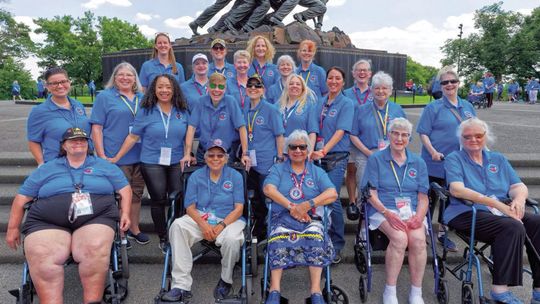 Several women veterans from Leelanau County were honored to be on the all-women Honor Flight to Washington D.C. earlier this month. Pictured: Justina Hlvaka (middle, green sunglasses), Leanne Woods (direcetly in front of Hlavka, Page Sikes (right of Hlvaka), Linda Woods (in front of Sikes)...