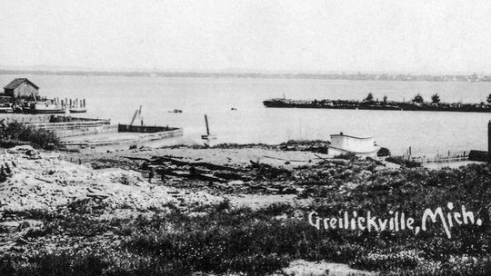Greilick Point sits to the left, with “dry dock” along the shore. Photo courtesy of Leelanau Historical Society