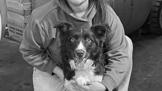 Emily Lingaur is pictured in the Leelanau Enterprise press room with “Chilli,” her family’s 7-month-old border collie. Lingaur grew up visiting the press room as both her parents, Jeff and Sheila, have been working at the Enterprise for more than 20 years now. Enterprise photo by Meakalia...