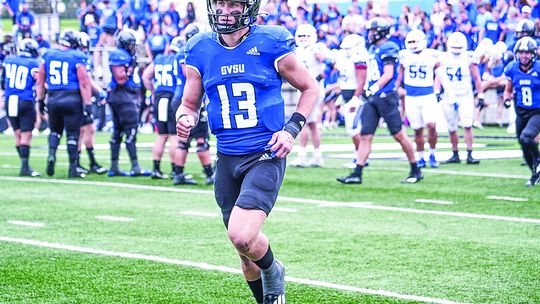 GVSU senior quarterback Cade Peterson prepares for action earlier this season. Peterson threw for 5,115 yards and 47 passing touchdowns to be named a 2023 Harlon Hill award finalist. Courtesy photo