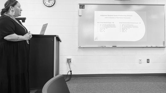 Suttons Bay Public Schools’ Indigenous Education Director Samantha TwoCrow is pictured presenting during the Title VI hearing at last week’s Board of Education meeting. Enterprise photo by Meakalia Previch-Liu