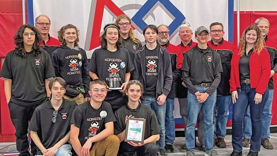 Front row (left to right): Norsemen team members Dean Hulett, Jacob Gulley, Casey Porter; middle row: team members James Miller, Jack Shiner, Michael Rokita, Koen Kruk, and mentors Chase Porter and Emma Grant; Back row: mentor Andy Brandt, team member Alex McCormick, and mentors Bill Klein...