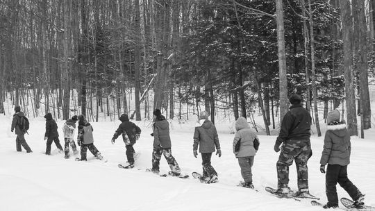 A school group snowshoes behind a ranger through a snowy forest at Sleeping Bear Dunes National Lakeshore. Photo courtesy of the National Park Service