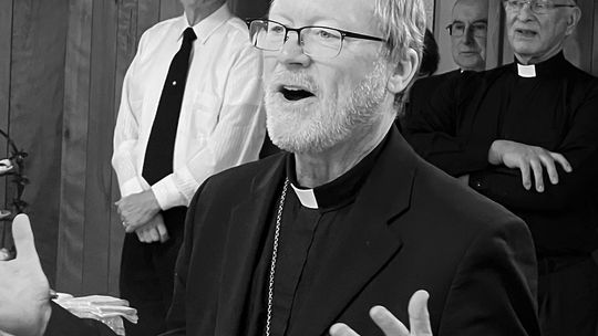 Bishop Jeffrey J. Walsh of the Diocese of Gaylord celebrated a special Mass marking the anniversary of St. Michael parish. He is shown here offering a prayer before a meal served to nearly 200 persons. Courtesy photo
