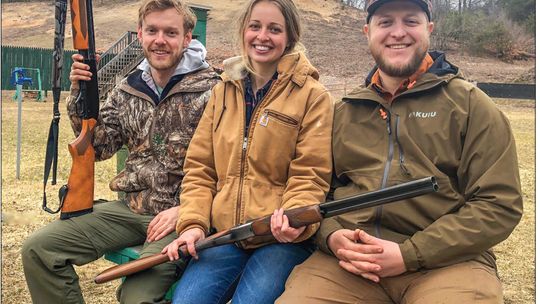 Shotgunners Cole Riley, Dorie Yoder and Kelby Ankerson, from left, enjoyed the initial day of shooting this year at the club. It was the first time Yoder had picked up a shotgun, yet she knocked down two of her first four clay pigeons. Enterprise photo by Alan Campbell
