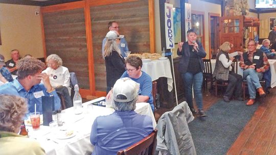 State Representative Betsy Coffia addresses the crowd at the Leelanau Democrats’ election watch party at the V.I. Grill in Suttons Bay in the evening of Election Day. The party was well attended by Democrat county commissioners, township trustees, and a road commissioner candidate, as well...