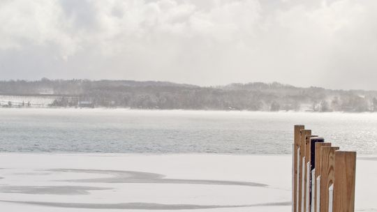 The warm water of Suttons Bay and cold temperatures meet to create a frosty fog this week