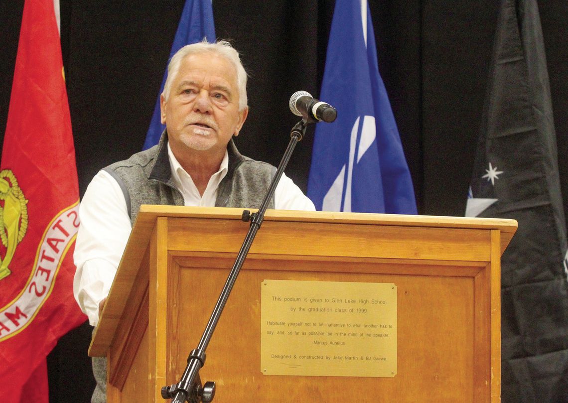 Air force veteran Ed Peplinski speaks during a Veterans Day assembly at Glen Lake Tuesday