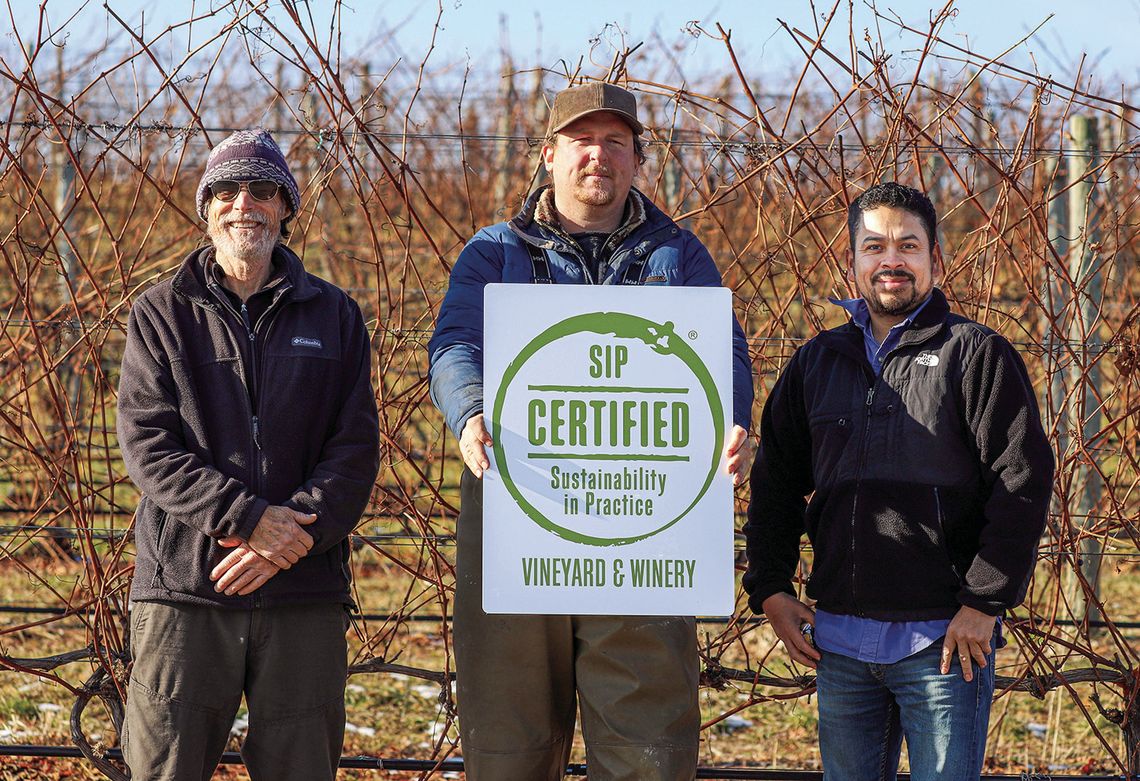 Bel Lago and its sister winery French Valley has earned SIP (Sustainability in Practice) Certification from the State of Michigan. Pictured from left are Charlie Edson, head winemaker Blake Lougheed and Tomas Moreno, foreman. Courtesy photo