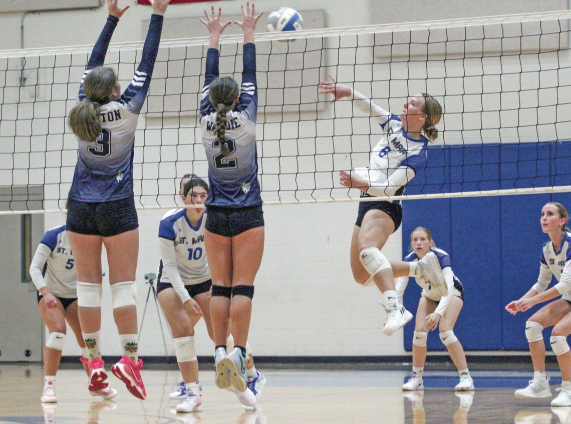 Lake Leelanau St. Mary senior Cathryn Mikowski earns a kill against Brethren during a three set sweep on Tuesday. Enterprise photo by Brian Freiberger