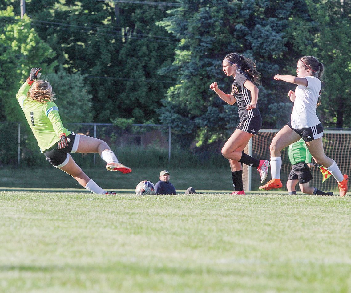 Elks down Comets in final Leland freshman Lillian Connor dashes past a defender to score a goal during a district championship game against Elk Rapids. Enterprise photo by Brian Freiberger