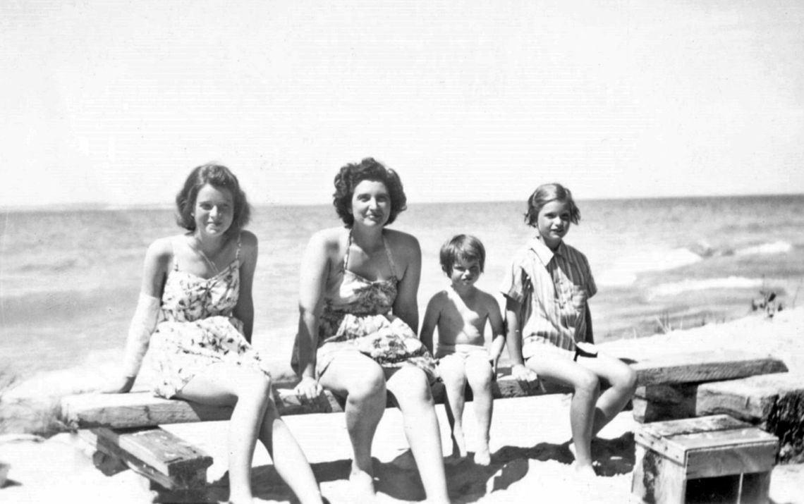 Kathy, Evelyn, Mary, &amp; Judy Watkins on the beach below their cottage, 1944. Preserve Historic Sleeping Bear Online Archive