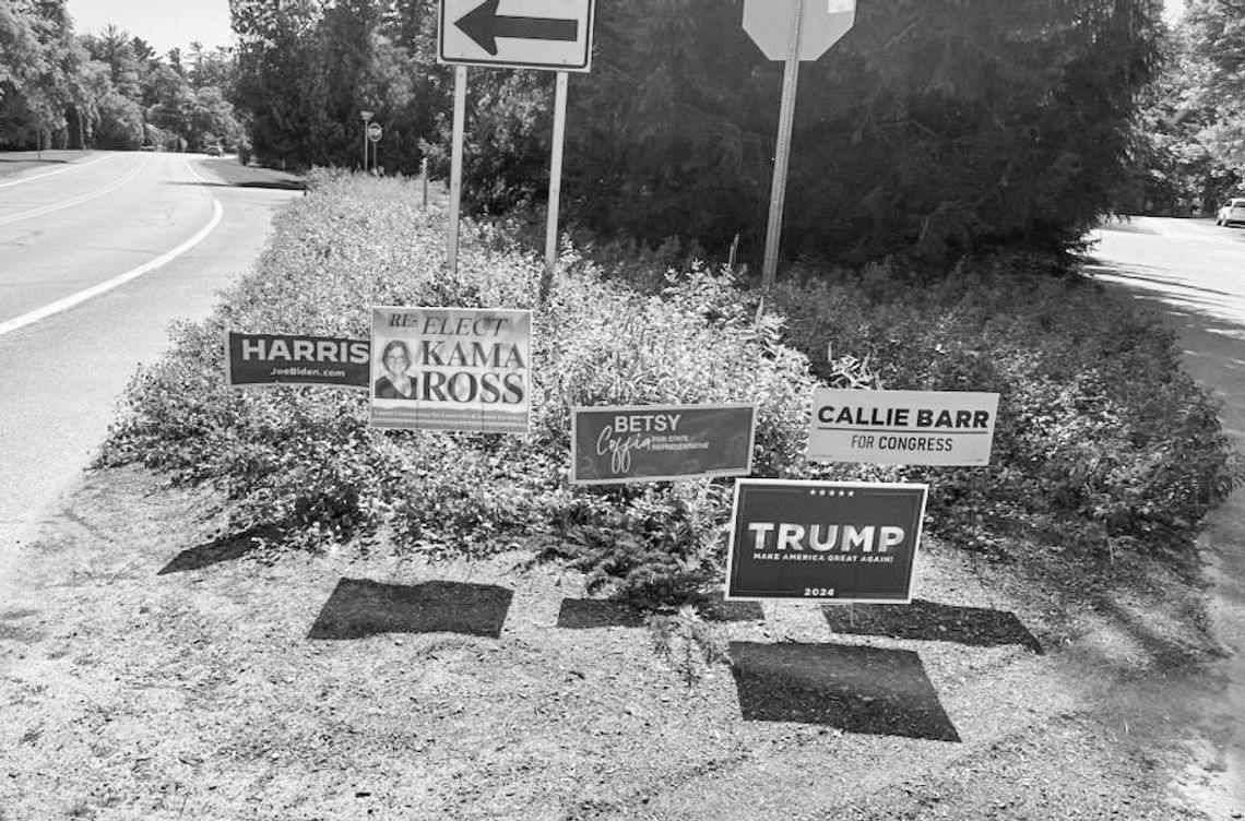 SIGN OF THE TIMES Candidates for local, state and national office have signs placed throughout the county— some where they’re not allowed. Photo courtesy of Leelanau County Road Commission