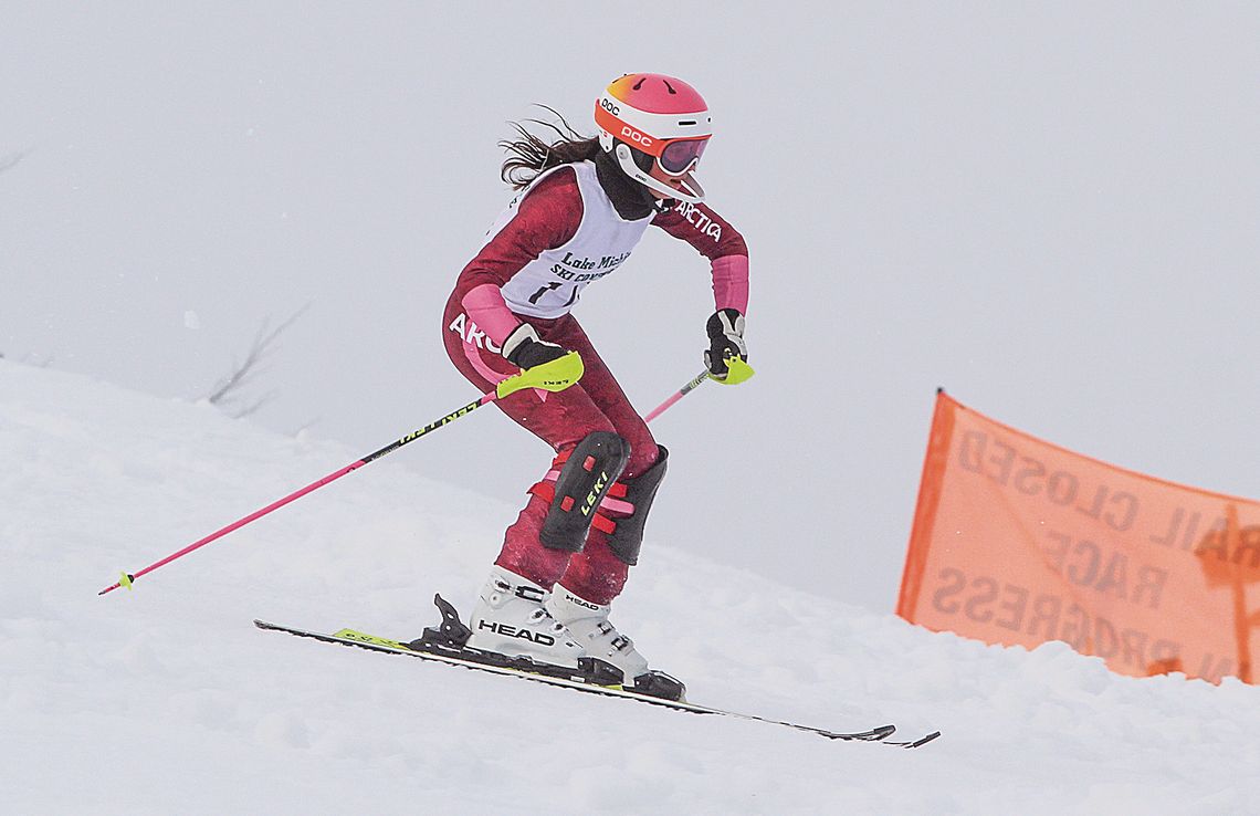 Leland sophomore Willa Murray races down the hill at Crystal Mountain during the Lake Michigan Ski Conference championship last week. Murray qualified for states in both slalom and giant slalom. Enterprise photos by Brian Freiberger