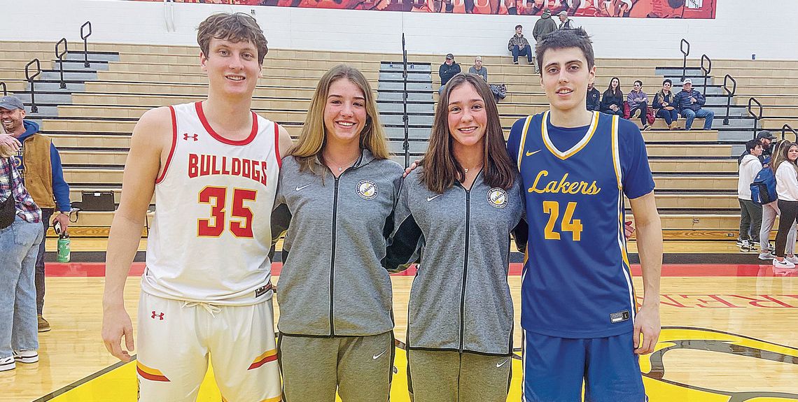 From left to right: Reece Hazelton, Maddie and Grace Bradford, and Xander Okerlund catch up after Ferris State and Lake Superior State played earlier this month. Photo courtesy of Don Miller