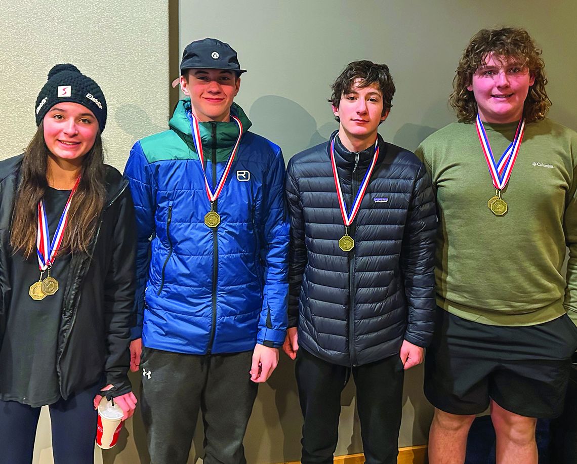 Glen Lake cooperative skiers, from left, Willa Murry (Leland), Justin Thompson (GL), Hawthorne Sutherland (GL), and Colin Kasben (GL) earned medals during the Bryan Groenevelt Memorial Invitational at Crystal Mountain on Monday. Courtesy photo