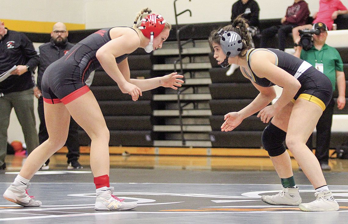 Glen Lake wrestler Emily Alaimo battled against Benzie Central junior Ava Iverson last Thursday. Enterprise photos by Brian Freiberger