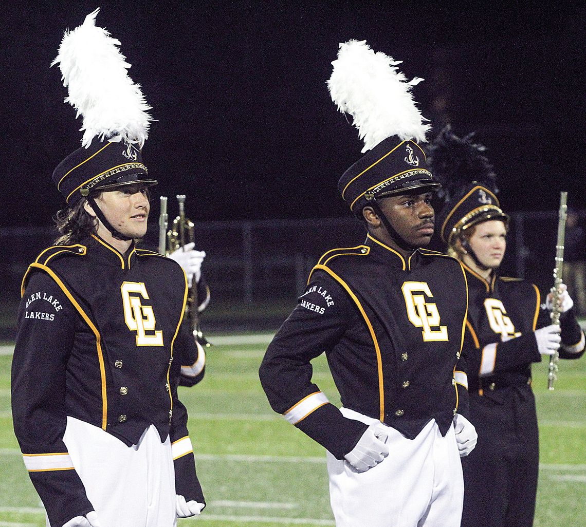 Glen Lake drum majors Skylar Jackson and Trecyn Arnold led the charge for the Laker Marching Band during a remarkable performance Friday night. Enterprise photo by Brian Freiberger