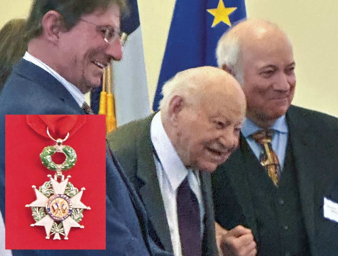 Dick Grout, center, was awarded France’s highest distinction Tuesday — the French Legion of Honor. The 103-year-old Grout fought on the shores of Normandy on D-Day. The medal is shown left. Enterprise photos by Amy Hubbell
