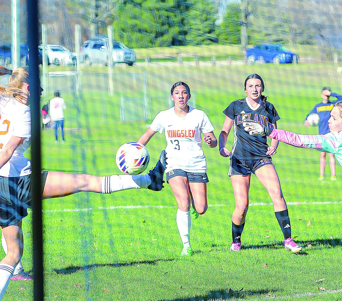 Leland freshman Lillian Connor barely misses the net in a 7-3 win over Kingsley on Monday. Enterprise photo by Brian Freiberger