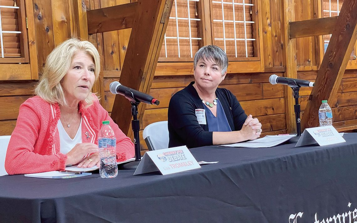 Lisa Trombley and Betsy Coffia, from left, shared their views on issues at Tuesday’s Cherry Pie Debate. Enterprise photo by Meakalia Previch-Liu
