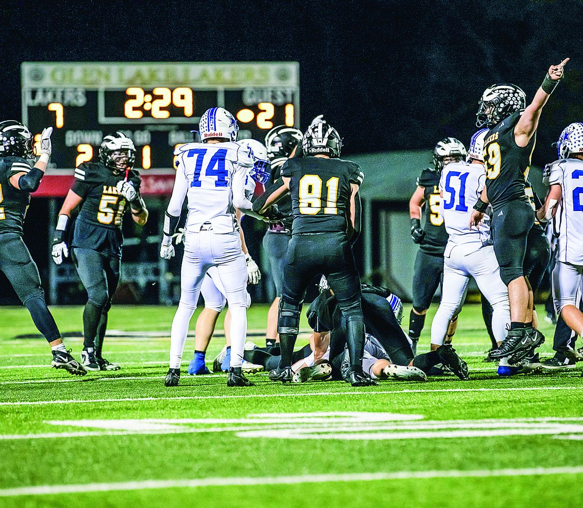The Glen Lake defense celebrate after forcing a turnnover against Beal City Friday. Photos courtesy of Meredith McNabb