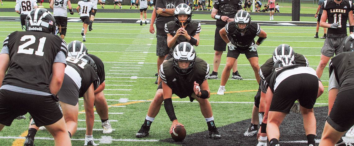 Glen Lake practices offensive plays before playing in its first scrimmage of the year on Thursday. The Lakers kick off the 2024 season at Manton on Thursday, Sept. 29 at 7 p.m. Enterprise photo by Brian Freiberger