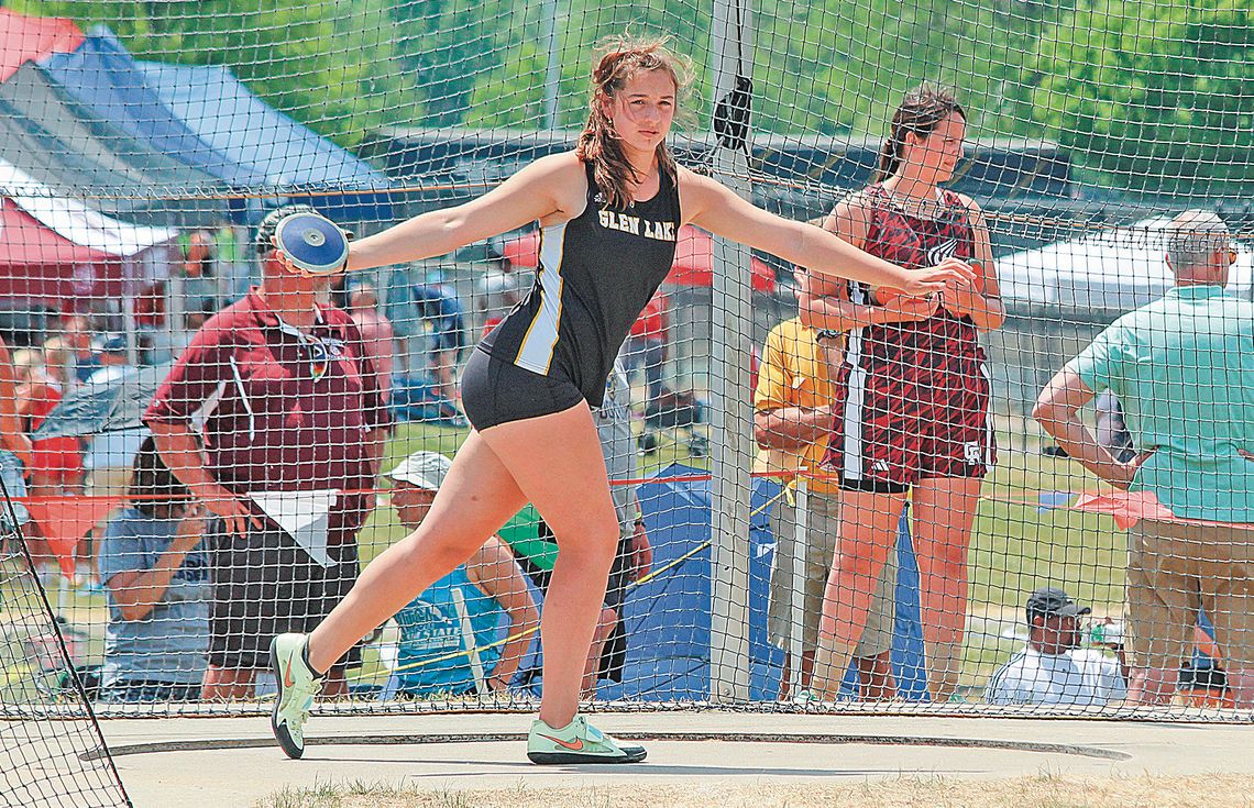 Glen Lake senior Eleanor Valkner throw discus during the 2023 state championships in Grand Rapids last season. Enterprise photo by Brian Freiberger