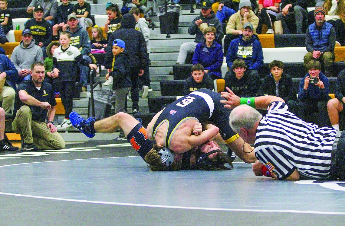 Glen Lake junior Boden Fisher wins the first individual Laker home wrestling match since the early 2000s last Wednesday, January 25. Enterprise photo by Brian Freiberger