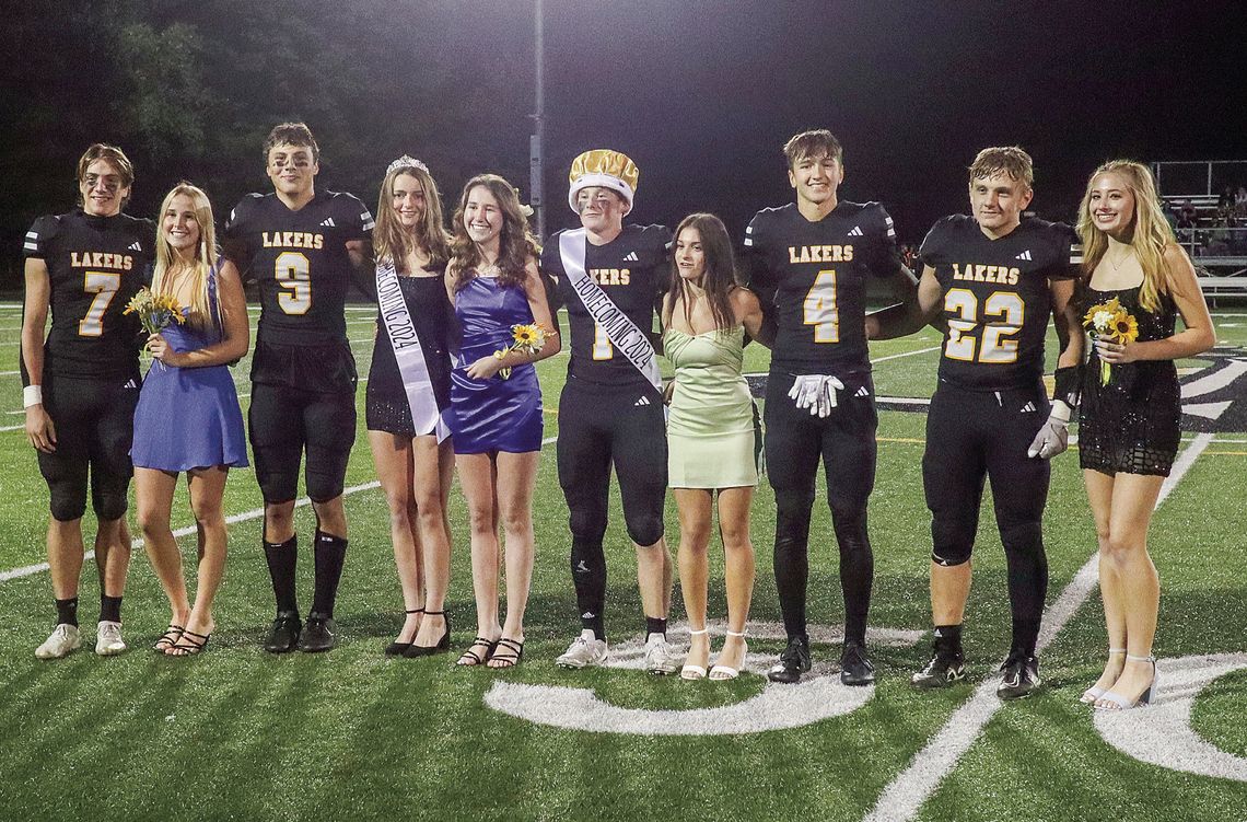 Glen Lake’s Homecoming court were presented during halftime of Friday’s football game. From left to right: Glen Lake seniors Boden Fisher, Maggie Diotte, Benji Allen, Jessie Pugh (queen), Hailey Anderson, Wade Daniels (king), Emily Alaimo, Isaac Hlavka, and junior representatives Jacob Pep...