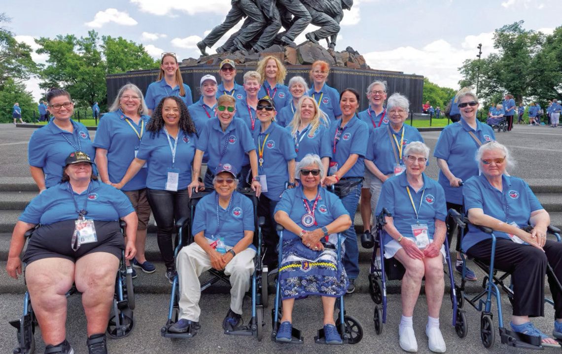 Several women veterans from Leelanau County were honored to be on the all-women Honor Flight to Washington D.C. earlier this month. Pictured: Justina Hlvaka (middle, green sunglasses), Leanne Woods (direcetly in front of Hlavka, Page Sikes (right of Hlvaka), Linda Woods (in front of Sikes)...