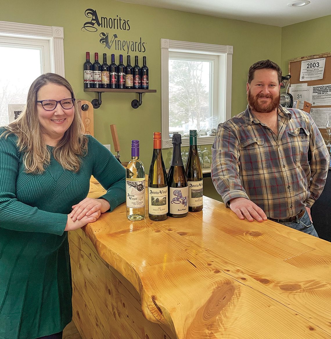 Emily Goodell, Amoritas Vineyards co-owner and head viticulturist is pictured with Matthew Goodell, Amoritas co-owner, at the tasting room in Lake Leelanau. Amoritas Vineyards submitted four wines to the 2024 San Francisco Chronicle Wine Competition, and came away with one Best of Class fo...