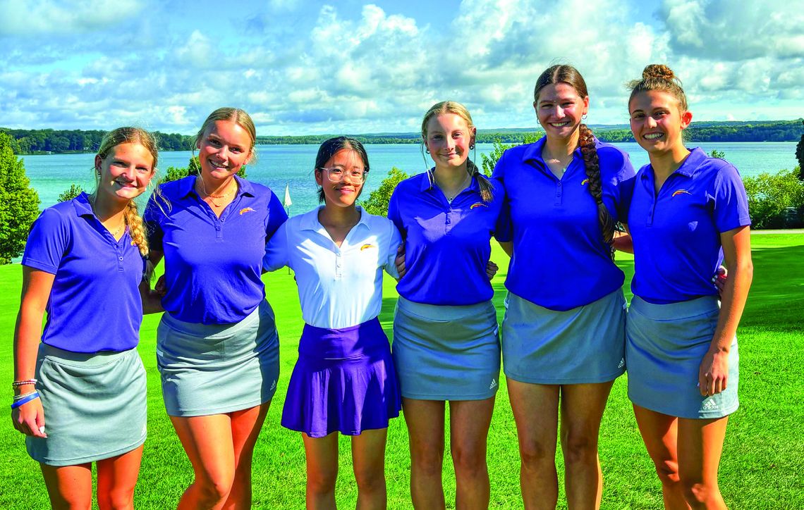 From left to right: Leland seniors Emerie Burda, Hannah Hamlin , Yae Otani, Elyse Atha, Alyssa Korson and Ella Knudsen take a group picture at the Leland Country Club earlier this season. Courtesy photo