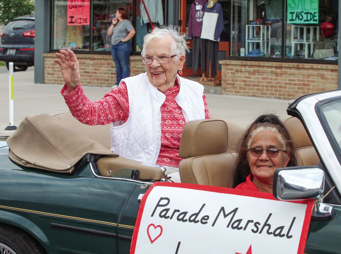 Longtime Suttons Bay teacher Joyce Nash Longtime Suttons Bay teacher Joyce Nash rode through the streets in fashion as the Homecoming Grand Marshal along with Ulain Weber in the front. Enterprise photo by Brian Freiberger