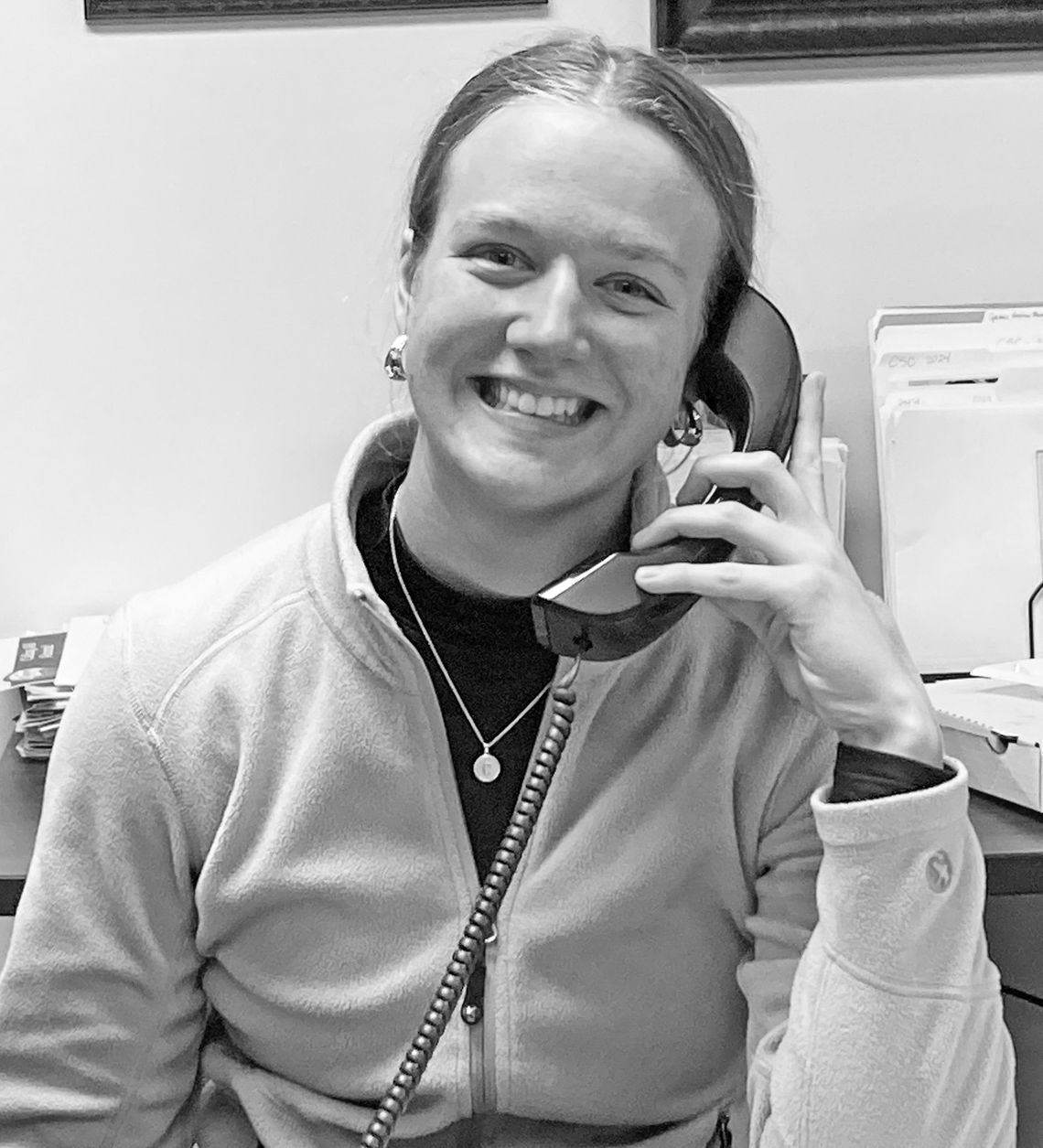 Junior Catherine Mikowski is all smiles as she works the phone during the St. Mary School Alumni Phonathon. Courtesy photo
